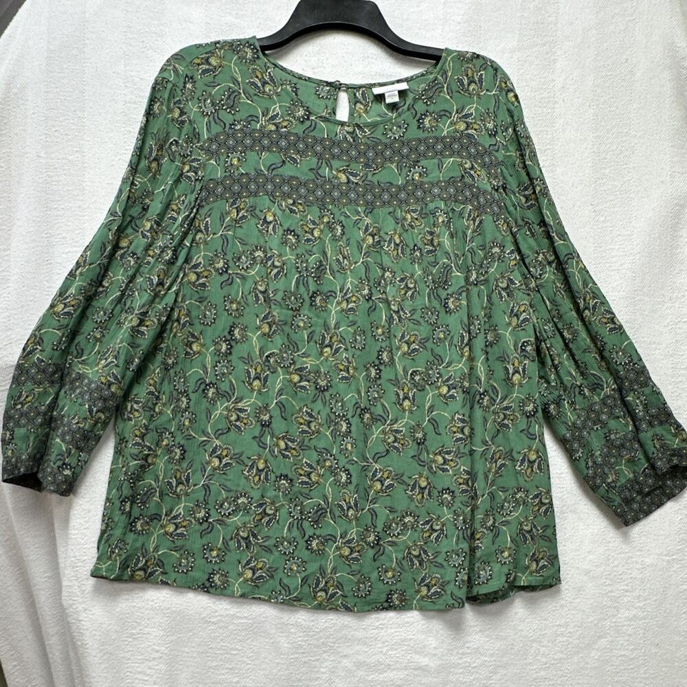 J. Jill Womens Blouse Green Floral 3/4 Sleeve Round Neck Keyhole Button